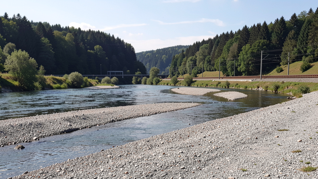 Blick auf die Fulda bei Eichenzell an einem sonnigen Sonntagmorgen, flaches Ufer mit Kiesbank, im Hintergrund bewaldete Hänge und eine Bahnstrecke, Weitwinkelaufnahme.