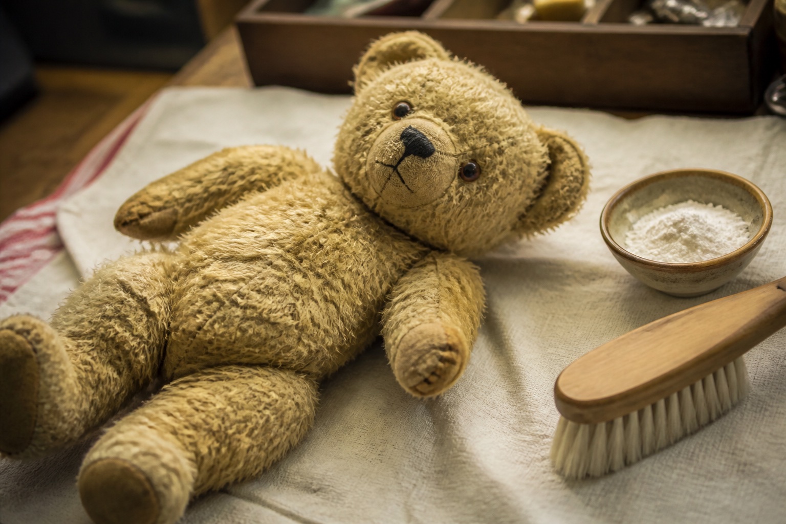 Nahaufnahme eines abgenutzten Teddybären mit einem fehlenden Glasauge auf einem Holztisch eines Dorfflohmarkts, daneben ein handgeschriebenes Preisschild, weiches Vormittagslicht, seitliche Aufnahme.
