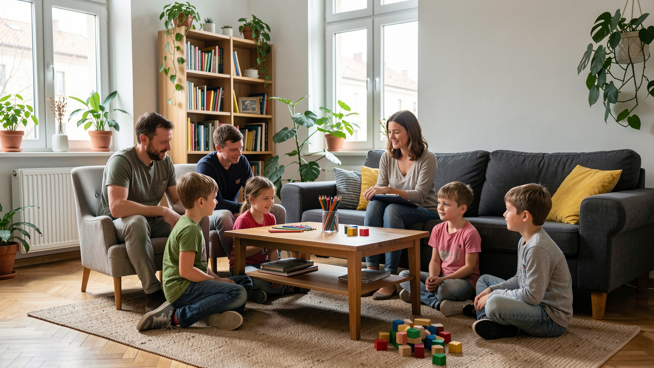 Ein Wohnzimmer in Prag am Nachmittag, zwei Männer und eine Frau sitzen mit fünf Kindern auf dem Boden und auf einem Sofa, auf einem niedrigen Holztisch liegen Buntstifte und bunte Bausteine, Tageslicht aus zwei Fenstern, im Hintergrund ein Bücherregal und Zimmerpflanzen, weite Aufnahme ohne lesbaren Text.
