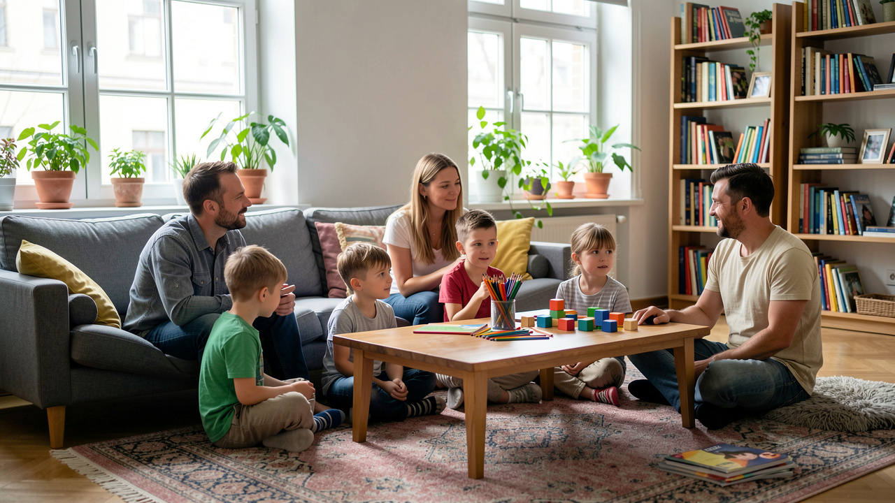 Ein Wohnzimmer in Prag, zwei Männer und eine Frau sitzen mit fünf Kindern auf einem Teppich und einer Couch, auf einem niedrigen Holztisch liegen Buntstifte und bunte Bausteine, Tageslicht aus zwei Fenstern, im Hintergrund ein Bücherregal und Zimmerpflanzen, keine lesbaren Texte, weite Aufnahme.